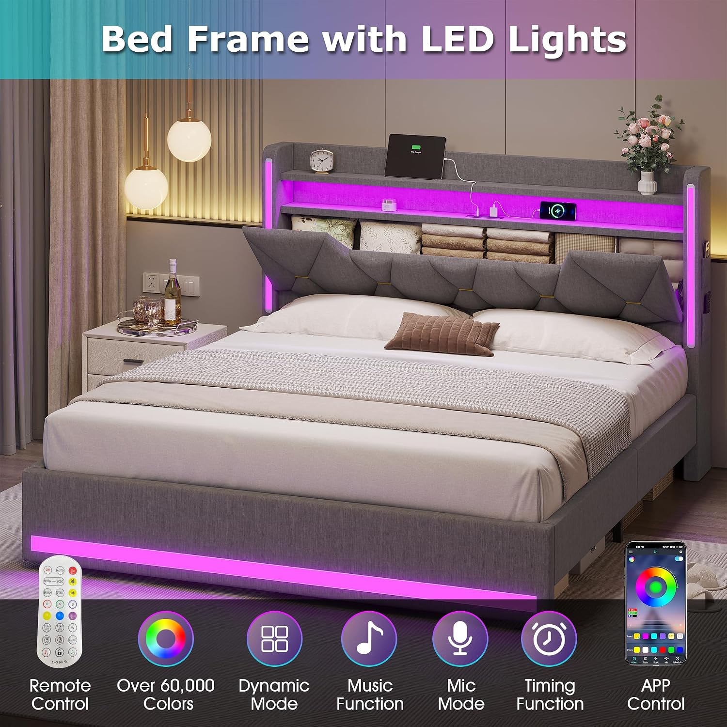 busyaeh Queen Bed Frame with Storage Headboard and LED Lights, Metal Platform Bed Frame Queen Size with Charging Station, No Box Spring Needed, Upholstered Marshmallow Headboard, 1200lbs, Dark Gray