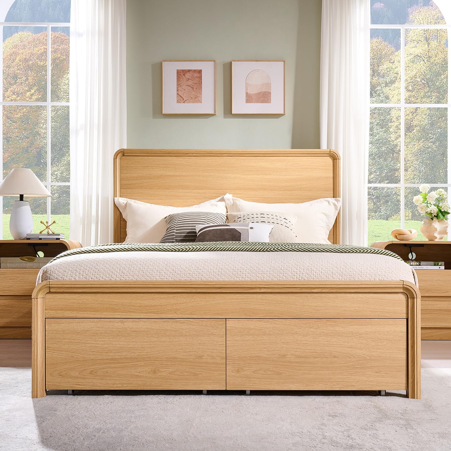 Aitjunz Modern Queen Size Bed Frame with 50' Tall Headboard, Wood Queen Size Platform Bed Frame w/3 Storage Drawers, Curved Profile Design, Wood & Steel Platform Bed, No Box Spring Needed, Natural Oak
