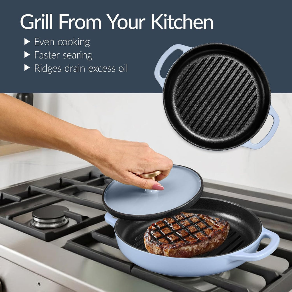 Best Choice Products Non-Stick Pot & Pan Cookware Set, Cast Iron, 2Qt Skillet W/Lid, 10' Grill Or Griddle Pan W/Press, 6Qt Enameled Dutch Oven, Non-toxic, For Cooking & Grilling - Cornflower