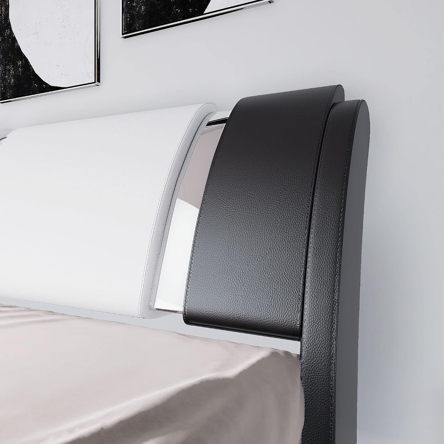 Allewie King Size Bed Frame with Iron Piece Decor, Faux Leather Upholstered Platform Bed with Curved Adjustable Headboard, Wooden Slats Support, No Box Spring Needed, Modern Black and White