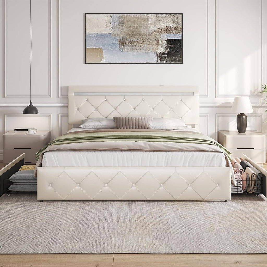 Benevika Queen Size Bed Frame with 4 Drawers and Adjustable LED Headboard, PU Leather Upholstered Platform Storage Bed with Charging Station, Wooden Slats Support, No Box Spring Needed, White