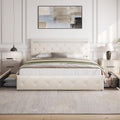 Benevika Queen Size Bed Frame with 4 Drawers and Adjustable LED Headboard, PU Leather Upholstered Platform Storage Bed with Charging Station, Wooden Slats Support, No Box Spring Needed, White