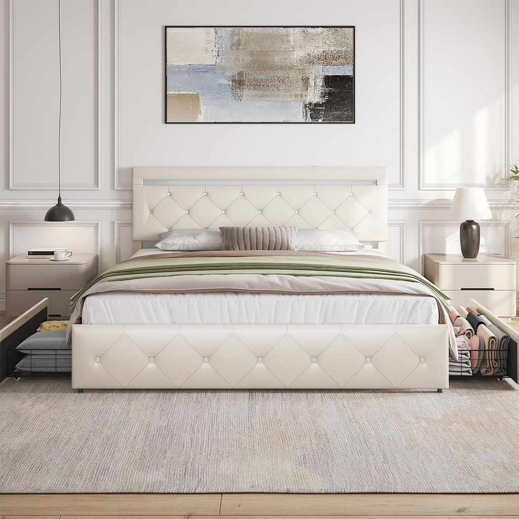 Benevika Full Size Bed Frame with 4 Drawers and LED Light, Charge Station, PU Leather Upholstered Platform Storage Bed with Adjustable Headboard, Wooden Slats Support, No Box Spring Needed, White