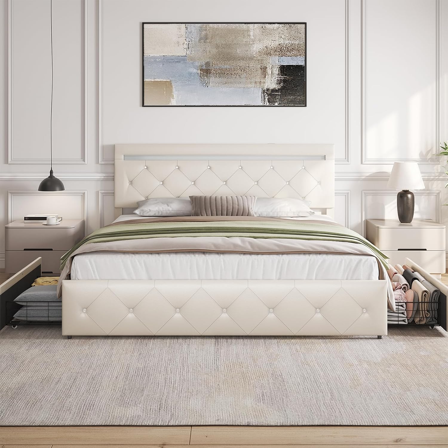 Benevika Full Size Bed Frame with 4 Drawers and LED Light, Charge Station, PU Leather Upholstered Platform Storage Bed with Adjustable Headboard, Wooden Slats Support, No Box Spring Needed, White
