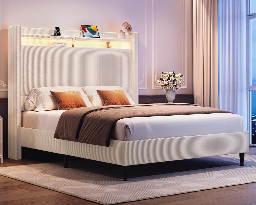 Full Size Bed Frame with Tall Headboard, 55.3' Corduroy Upholstered Platform Bedframe with LED Lights & Charging Station, Cream Full Beds, Wingback Storage Headboard, No Box Spring Needed, Wood Slats