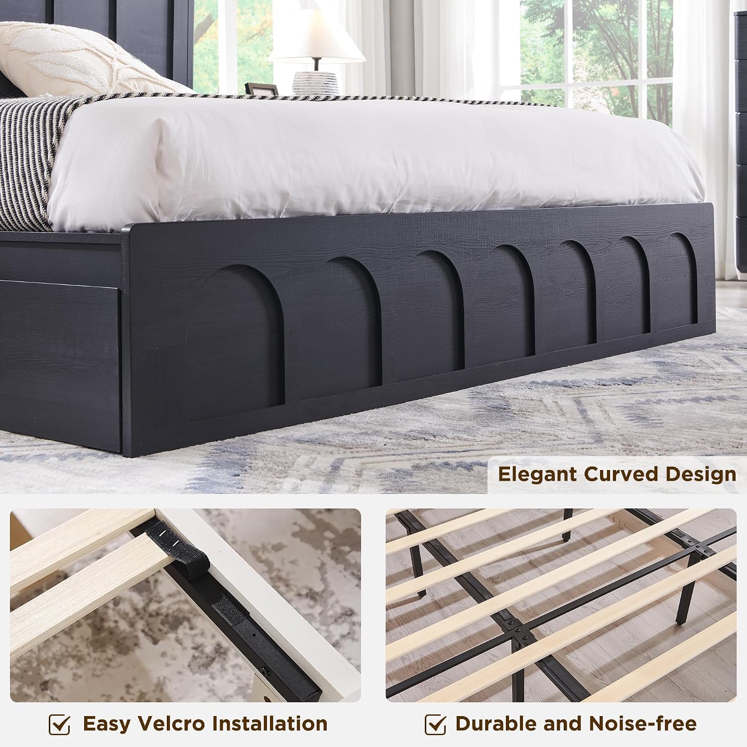 ACCOHOHO King Size Bed Frame Modern with 51' Tall Arched Recessed Headboard and 4 Drawers, Solid Wood Slats Support, Wood Platform, Noise Free, No Box Spring Needed, (Black)