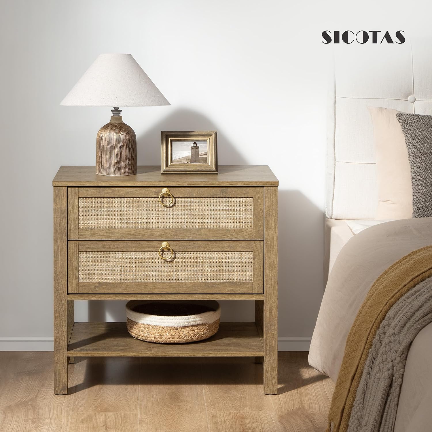 SICOTAS Night Stands Set of 2 for Bedroom, Large Bedside Tables with Drawer & Open Shelf, Wide Boho Rattan Nightstand Set Narrow Side Table for Master Bedroom