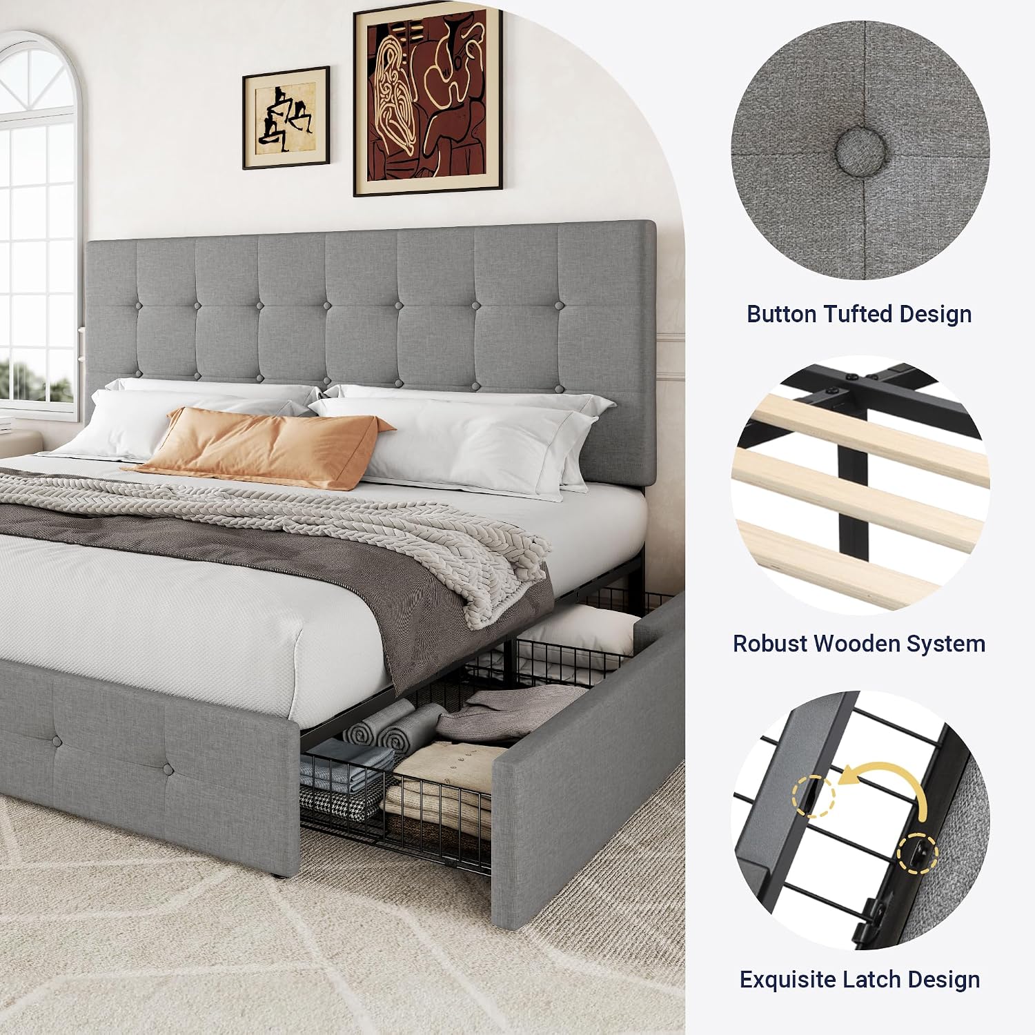 Allewie Upholstered King Size Platform Bed Frame with 4 Storage Drawers and Headboard, Square Stitched Button Tufted, Mattress Foundation with Wooden Slats Support, No Box Spring Needed, Light Grey