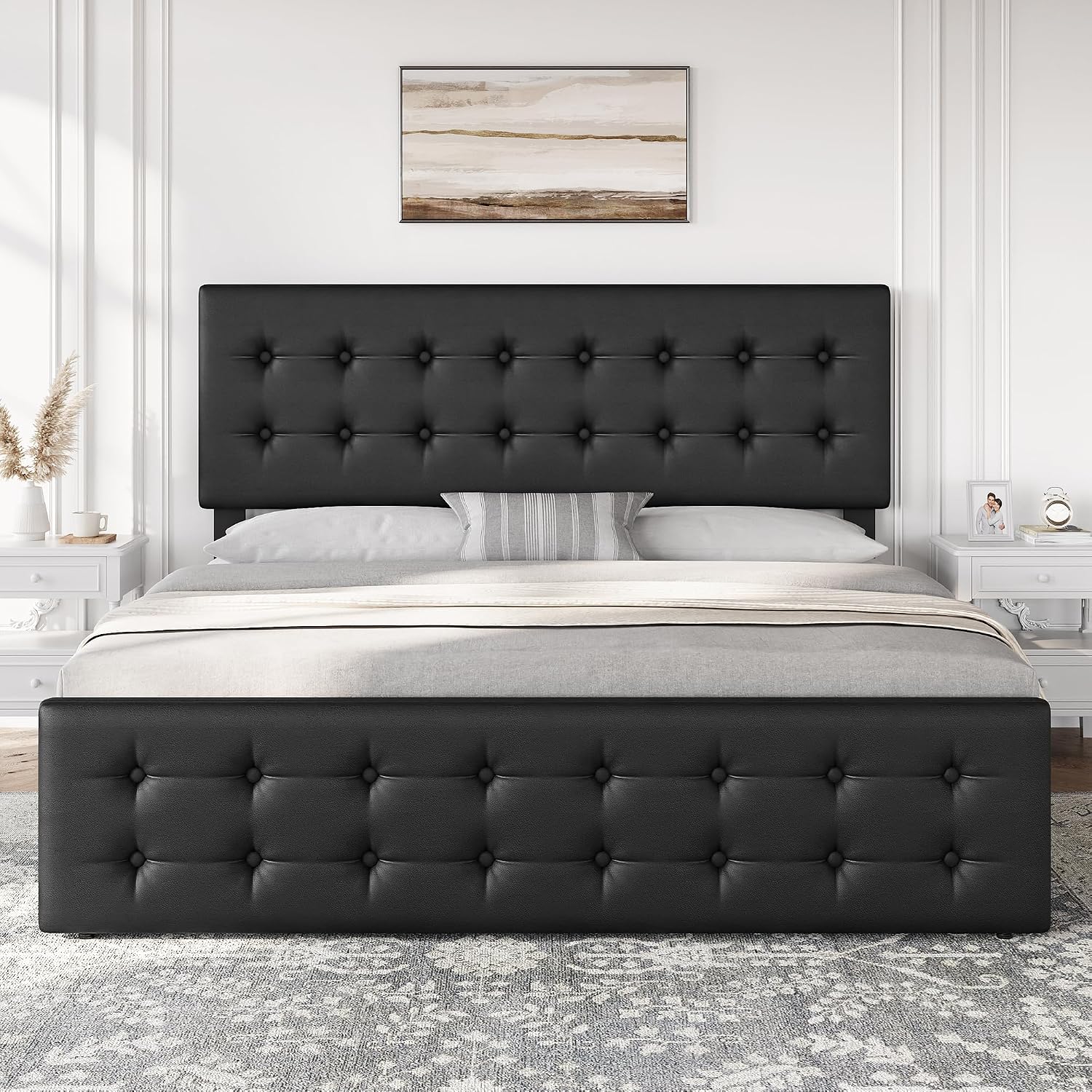 IDEALHOUSE King Size Bed Frame with 4 Storage Drawers and Headboard, Faux Leather Upholstered Platform Bed Frame with Wooden Slats Support, Button Tufted Design, No Box Spring Needed, Black
