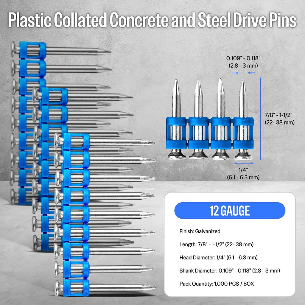 Meite 12 Gauge Plastic Collated Concrete Nails Drive Pins, 1-1/2' Length .118' Smooth Shank, Mechanical Galvanized Gas Pipe Fastening Nails for Drywall Track Steel-to-Concrete Framing (6 Boxes)