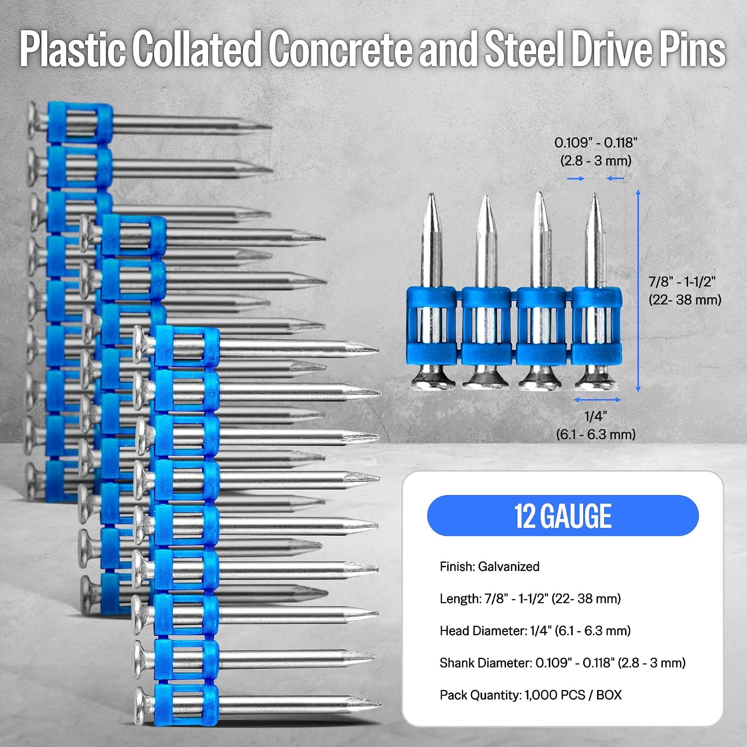 Meite 12 Gauge Plastic Collated Concrete Nails Drive Pins, 1-1/2' Length .118' Smooth Shank, Mechanical Galvanized Gas Pipe Fastening Nails for Drywall Track Steel-to-Concrete Framing (10 Boxes)