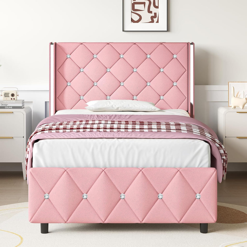 Lullabyre Twin Size Bed Frame, Upholstered Bed Frame with Diamond Tufted Headboard, Modern Silverside Wingback, No Box Spring Needed, Easy Assembly, Pink
