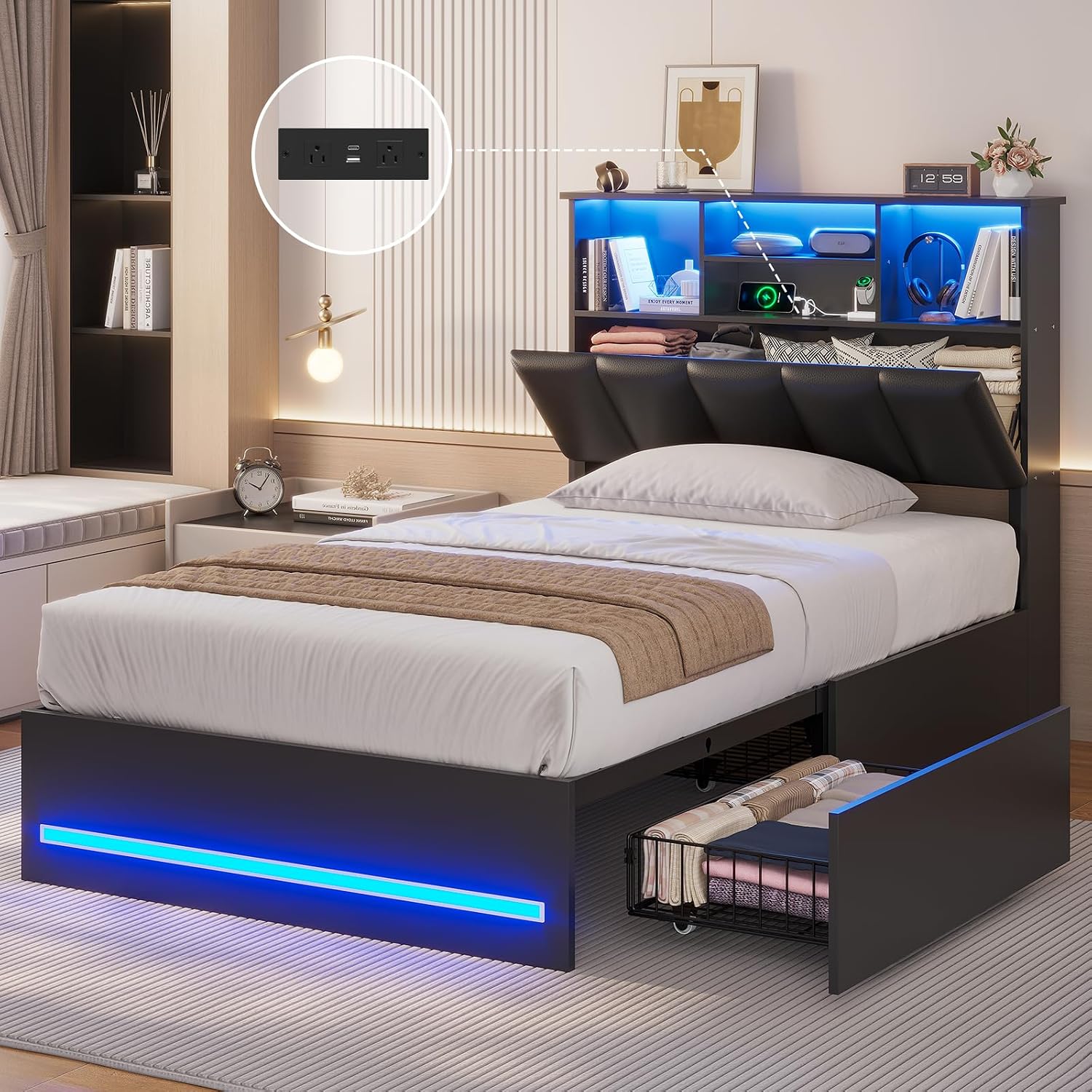 AOGLLATI Twin Bed Frame with 4 Storage Drawers & Charging Station & LED Lights, Twin Bed Frames with Stylish Bookcase Headboard, Led Bed Frame with Metal Slats, No Box Spring Needed,Black