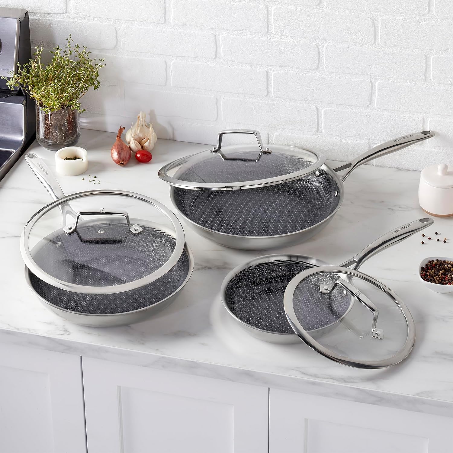 Henckels Paradigm Stainless Steel 6 Pc Fry Pan Set, Tri-Ply Ceramic Nonstick Fry Pan Set, Non Toxic Induction Fry Pan, Metal-Utensil & Dishwasher Safe