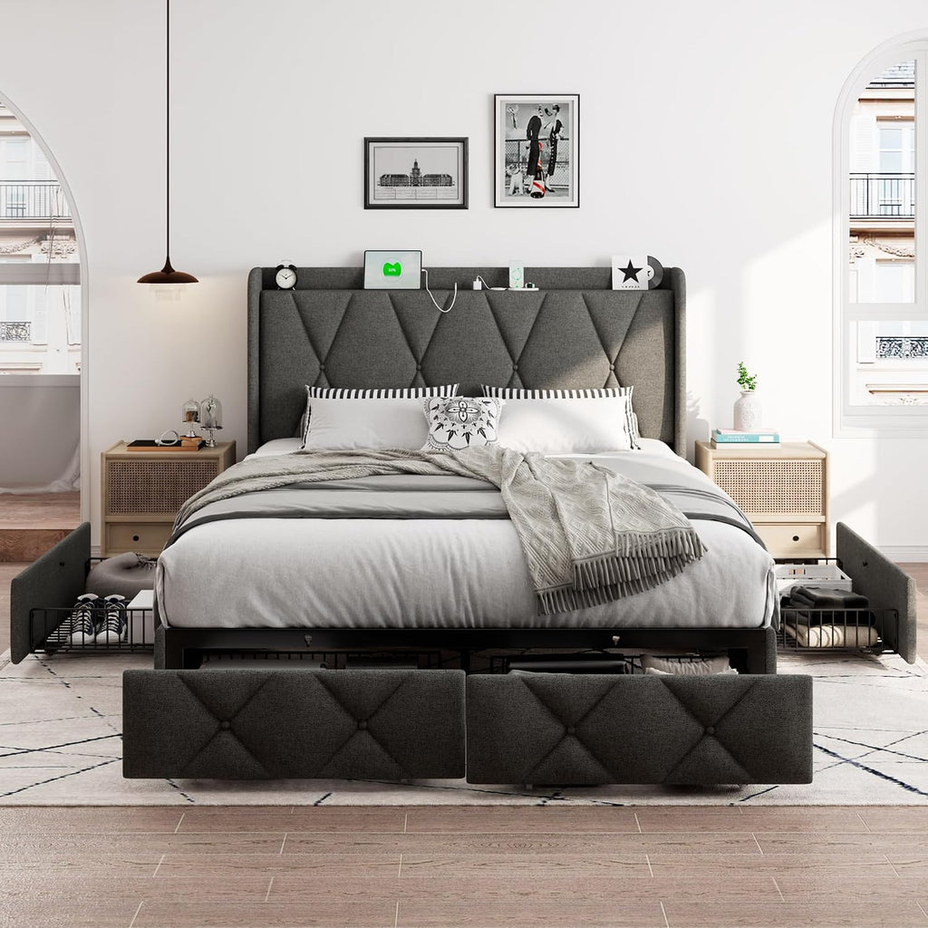iPormis Queen Bed Frame with 4 Storage Drawers, Upholstered Platform Bed Frame with Charging Station, Modern Wingback Storage Headboard, Easy Assembly, Dark Grey