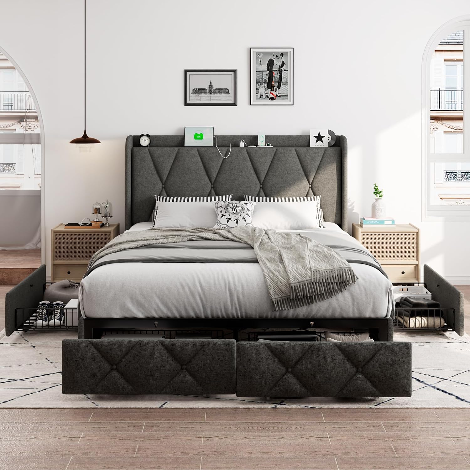 iPormis Queen Bed Frame with 4 Storage Drawers, Upholstered Platform Bed Frame with Charging Station, Modern Wingback Storage Headboard, Easy Assembly, Dark Grey