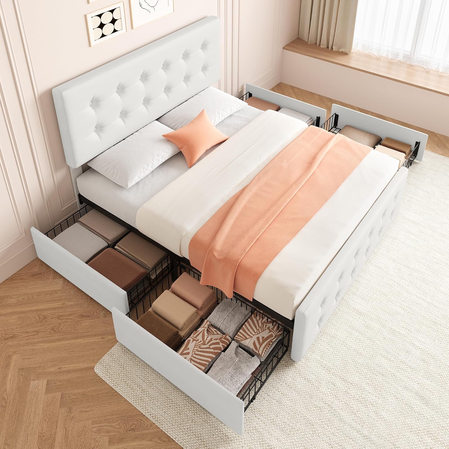 IDEALHOUSE Full Size Bed Frame with 4 Storage Drawers and Headboard, Faux Leather Upholstered Platform Bed Frame with Wooden Slats Support, Button Tufted Design, No Box Spring Needed, Beige