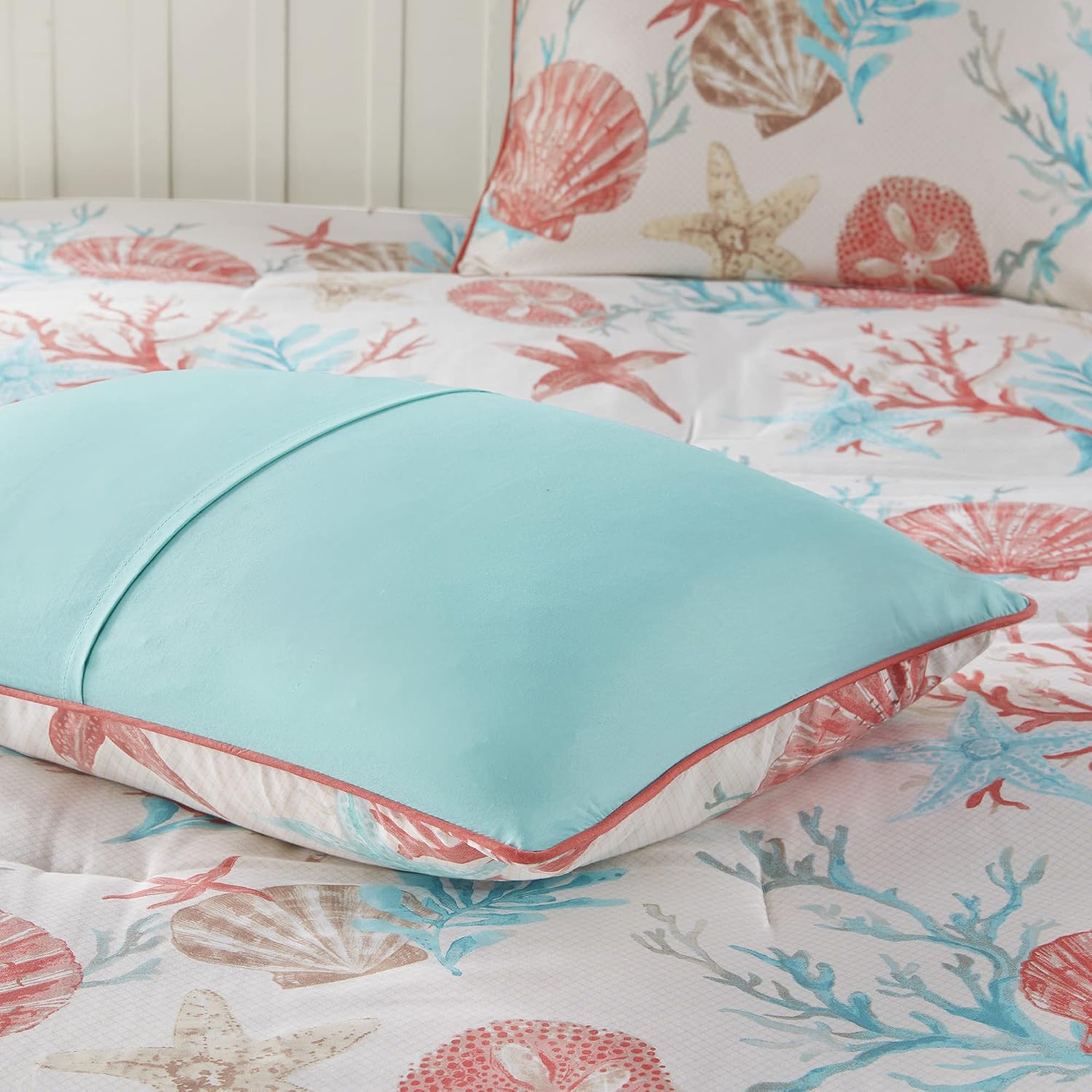 Madison Park 100% Cotton Comforter Set - Coastal Coral, Starfish Design All Season Down Alternative Cozy Bedding with Matching Shams, Decorative Pillow, King(104'x92'), Teal 7 Piece
