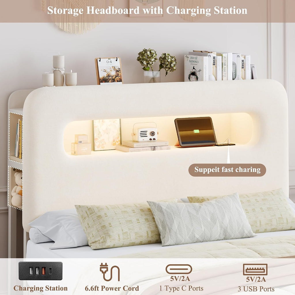 HOSTACK Full LED Bed Frame with Storage Headboard and Charging Station, Kids Bed Frame with 2 Drawers and USB Ports, Velvet Upholstered Platform Bed Frame with Bookcase, No Box Spring Needed, Cream