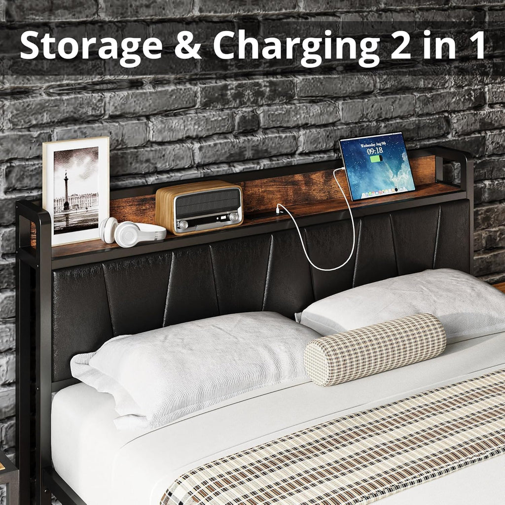 LIKIMIO Full Size Bed Frame, Storage Headboard with Charging Station, Platform Bed with Drawers, No Box Spring Needed, Easy Assembly, Industrial Brown and Black