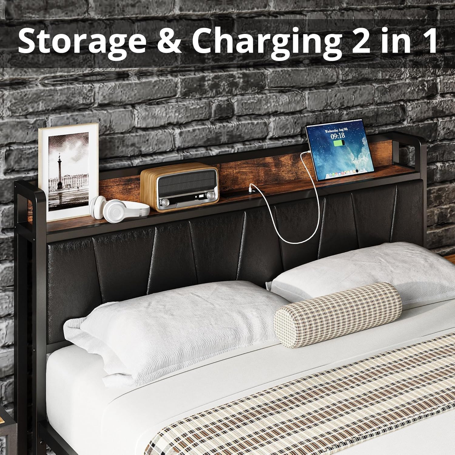 LIKIMIO Full Size Bed Frame, Storage Headboard with Charging Station, Platform Bed with Drawers, No Box Spring Needed, Easy Assembly, Industrial Brown and Black
