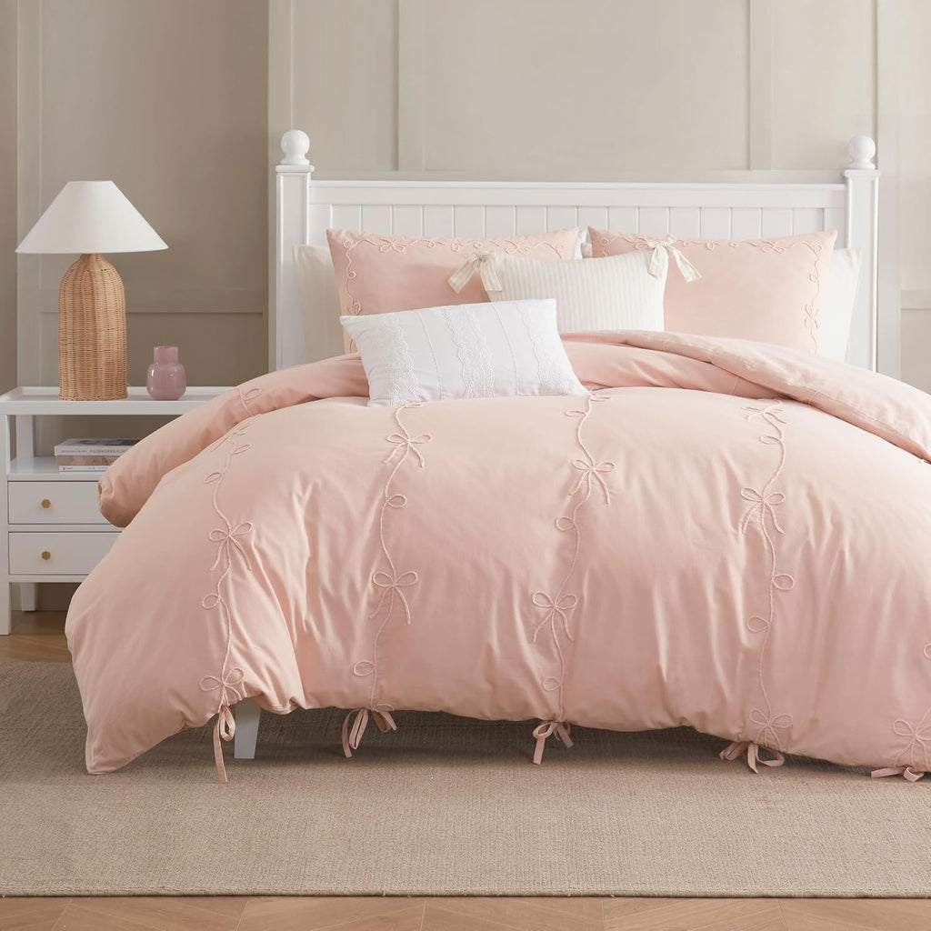 Peri Home Bows Bedding Cottage Core 100% Cotton 3-Piece Comforter and Sham Set, Full/Queen, Blush Sasha Bows