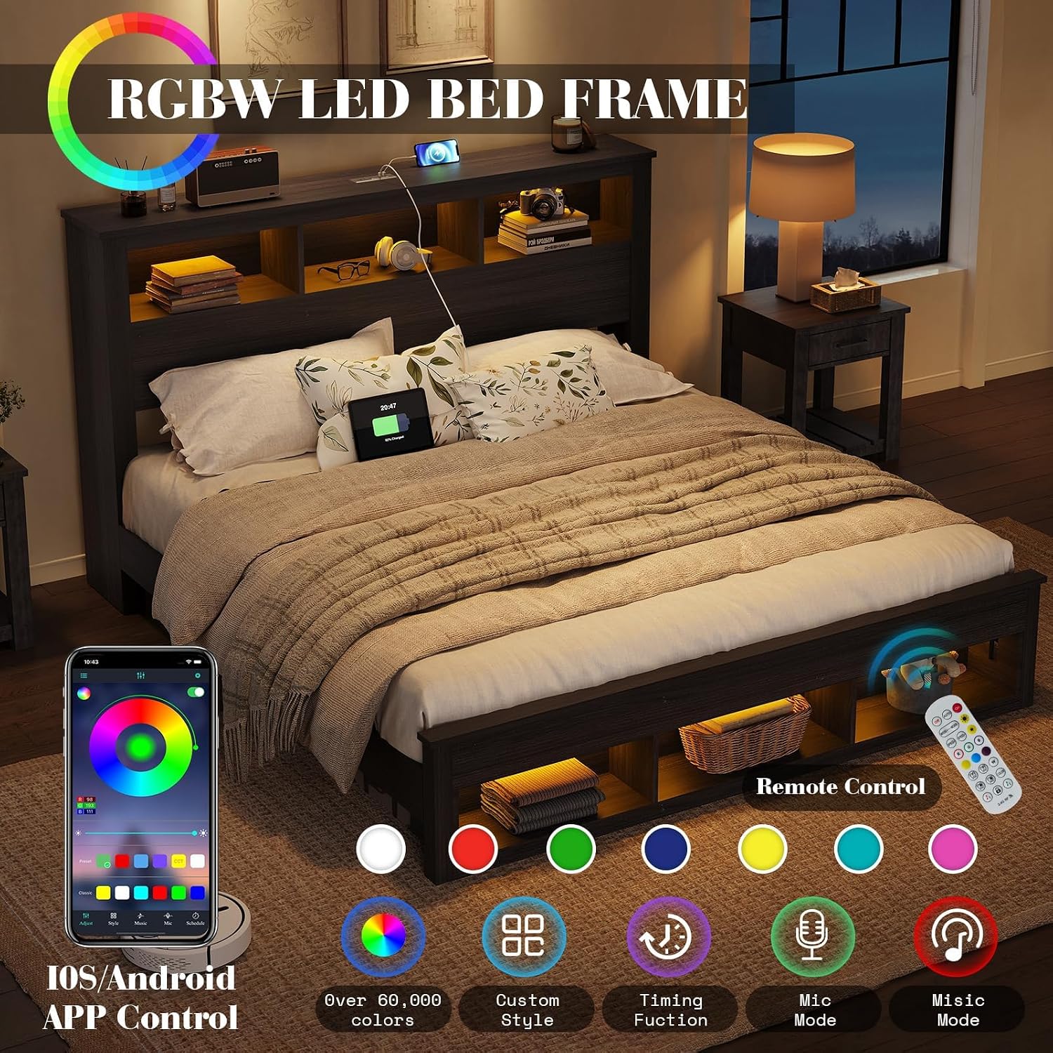 Albott Farmhouse King Size Bed Frame with Storage/Bookcase Headboard & Footboard, Wood Platform Bed with LED Lights/Charging Station, Heavy-Duty Metal Support/No Box Spring Needed/Noise-Free, Black