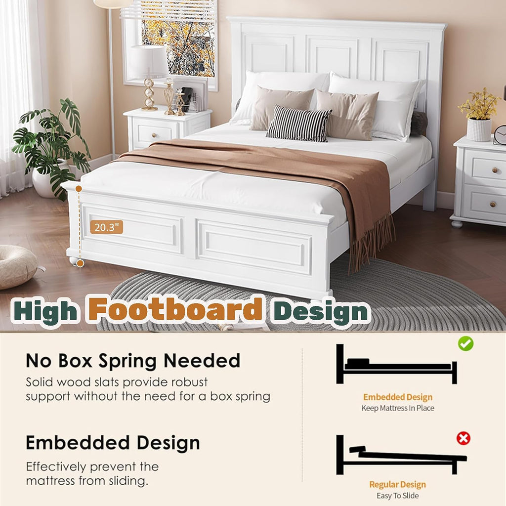 Wood Bed Frame Queen with Tall Headboard & Footboard, Traditional Queen Panel Bed with USB Charging Station for Bedroom, Guest Room, Easy Assembly, No Box Spring Required,White