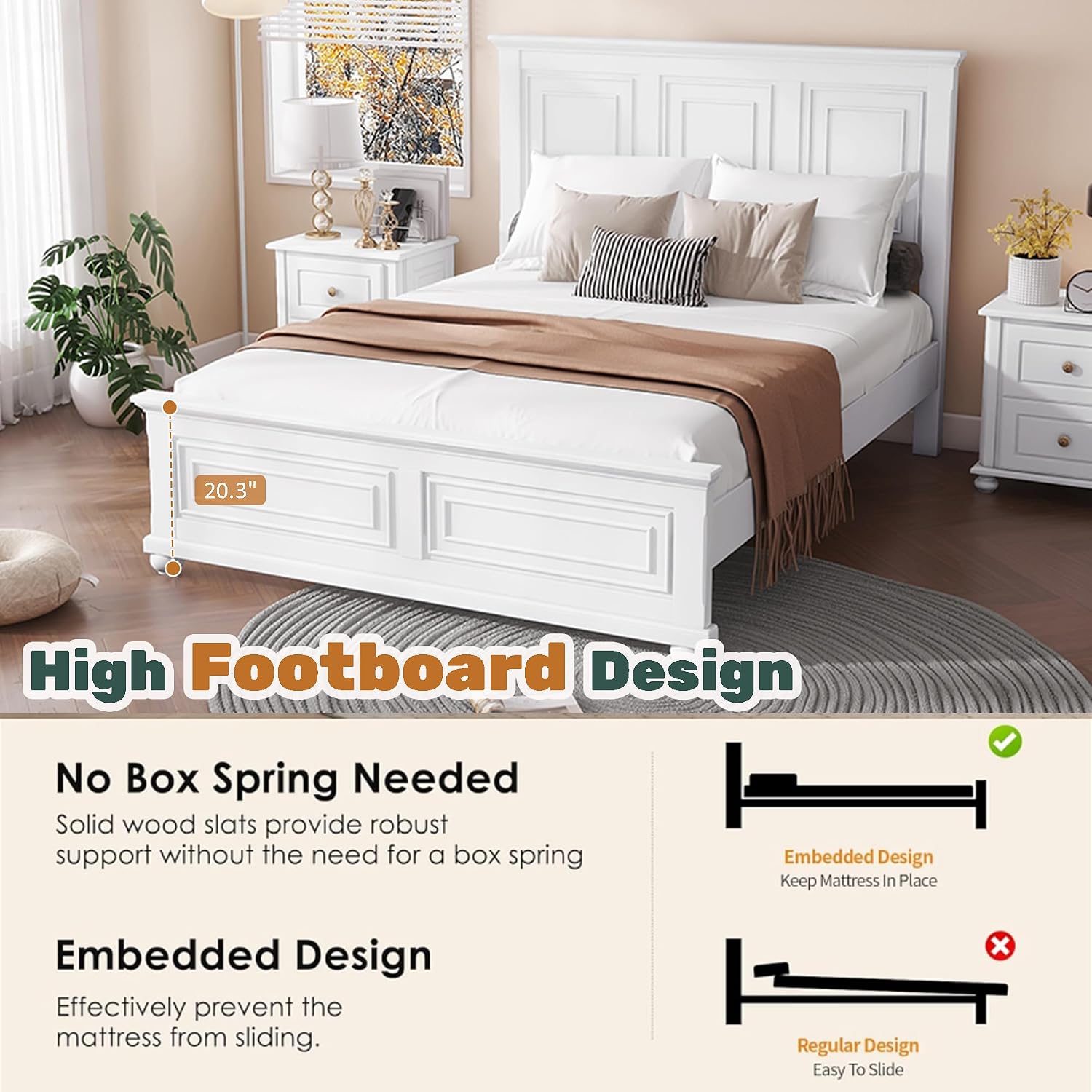 Wood Bed Frame Queen with Tall Headboard & Footboard, Traditional Queen Panel Bed with USB Charging Station for Bedroom, Guest Room, Easy Assembly, No Box Spring Required,White
