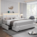 Full Size Bed Frame with RGB LED Lights Headboard & 2 Storage Drawers, Modern Upholstered Faux Leather Smart Platform Bed with Iron Metal Decor, USB & USB-C Charging Ports, No Box Spring Needed, White