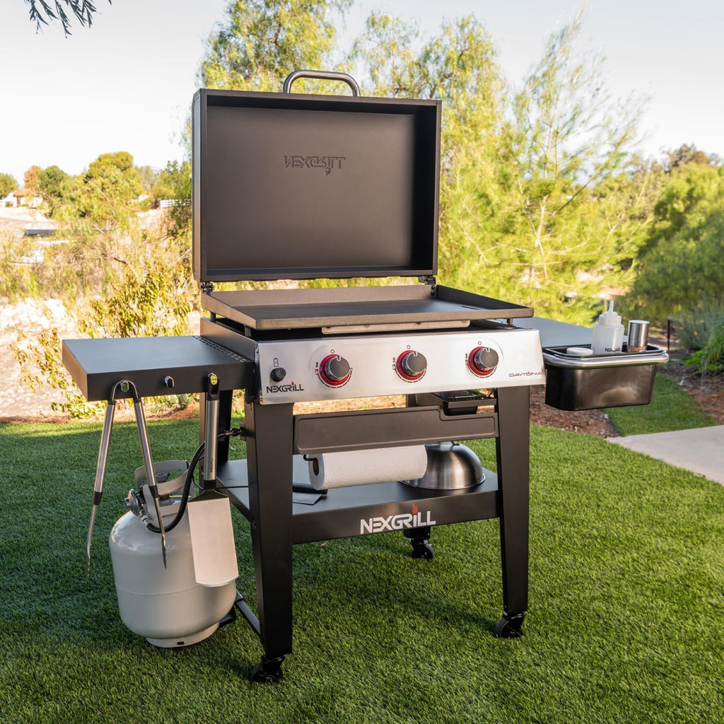 Nexgrill Daytona 3-Burner Propane Gas Griddle with Side Tables, 45000 BTUs Flat Top Grill, 630 SQ. in. Hot-Rolled Steel Cooking Space, Outdoor Cooking Barbeque - 720-1057