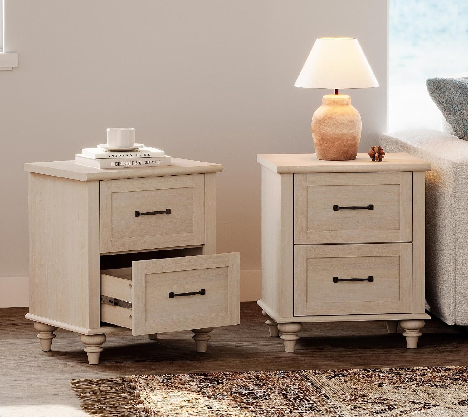 WAMPAT Nightstands with Charging Station Set of 2, 20 Inch Night Stand with 2 Drawers, Rustic Wood Bedside Table End Tables with Solid Wood Legs for Bedroom, Beige