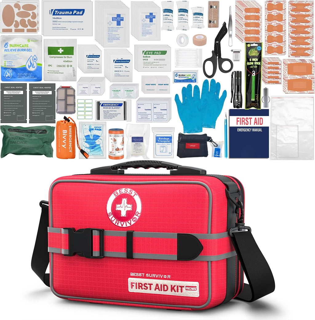 Besst Survivor 401 Piece First Aid Kit with Chest Seals -Labeled, Expandable & Mountable, Emergency Medical Kit for Home, Car, Camping & Outdoor, Waterproof Trauma Kits with Labeled Compartments
