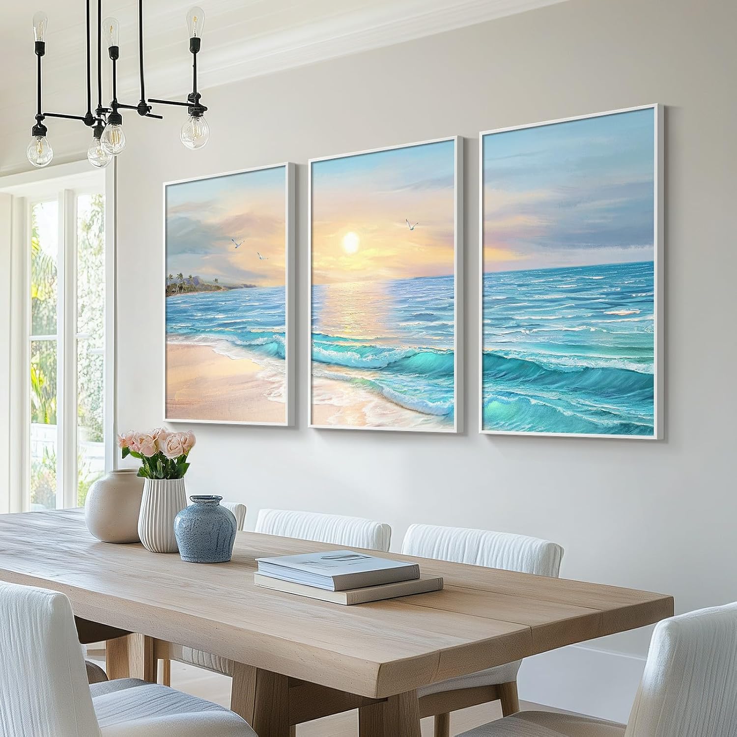 Framed Coastal Beach Wall Art for Living Room, Large 3 Piece Blue Ocean Canvas Artwork for Walls, Modern Beachy Sunrise Painting Prints for Dining Room Home Office Wall Decor, 24x36 Inch