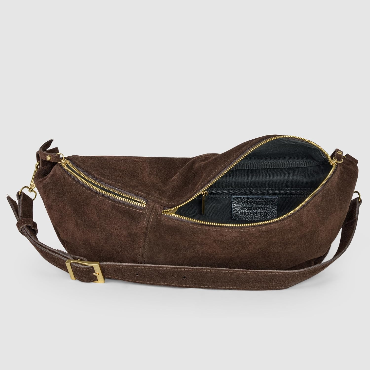 Italian Genuine Suede Crossbody Bag for Women with Zipper & Detachable Strap | Large Travel Chest Sling Fanny Pack (Chocolate)