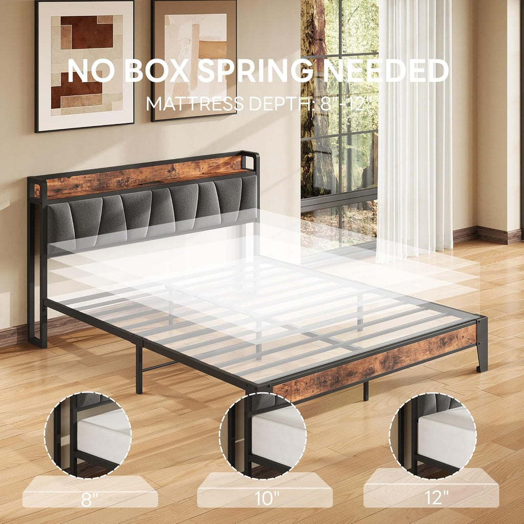 LIKIMIO Queen Bed Frame, Storage Headboard with Charging Station, Solid and Stable, Noise Free, No Box Spring Needed, Easy Assembly