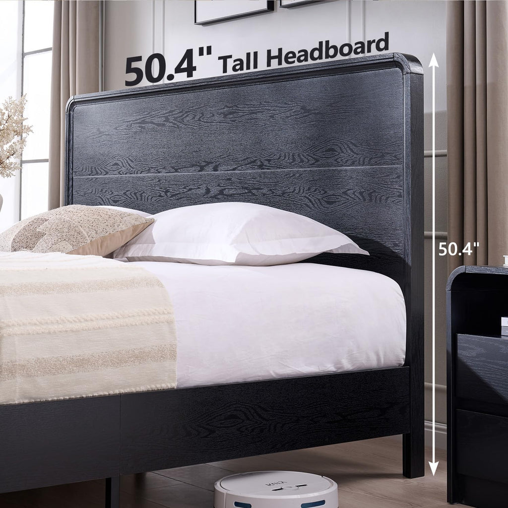 Aitjunz Modern King Size Bed Frame with 50' Tall Headboard, Wood King Size Platform Bed Frame w/3 Storage Drawers, Curved Profile Design, Wood & Steel Platform Bed, No Box Spring Needed, Black