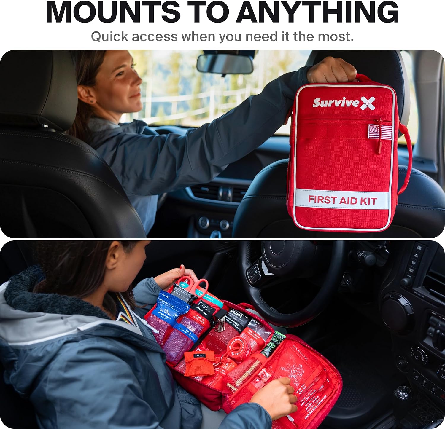 SurviveX Large First Aid Kit for Car, Travel & Home - Emergency Kit for Hiking, Camping, Backpacking and Outdoors - Includes Zip Stitch Wound Closure Strips