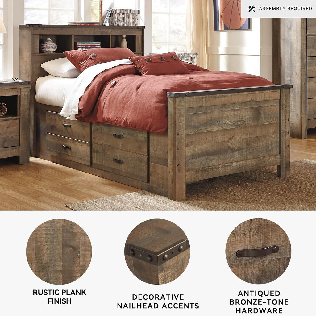 Signature Design by Ashley Trinell Casual Twin Bookcase Platform Bed with 2 Storage Drawers and Nailheads, Foundation or Box Spring Not Needed, Dark Brown