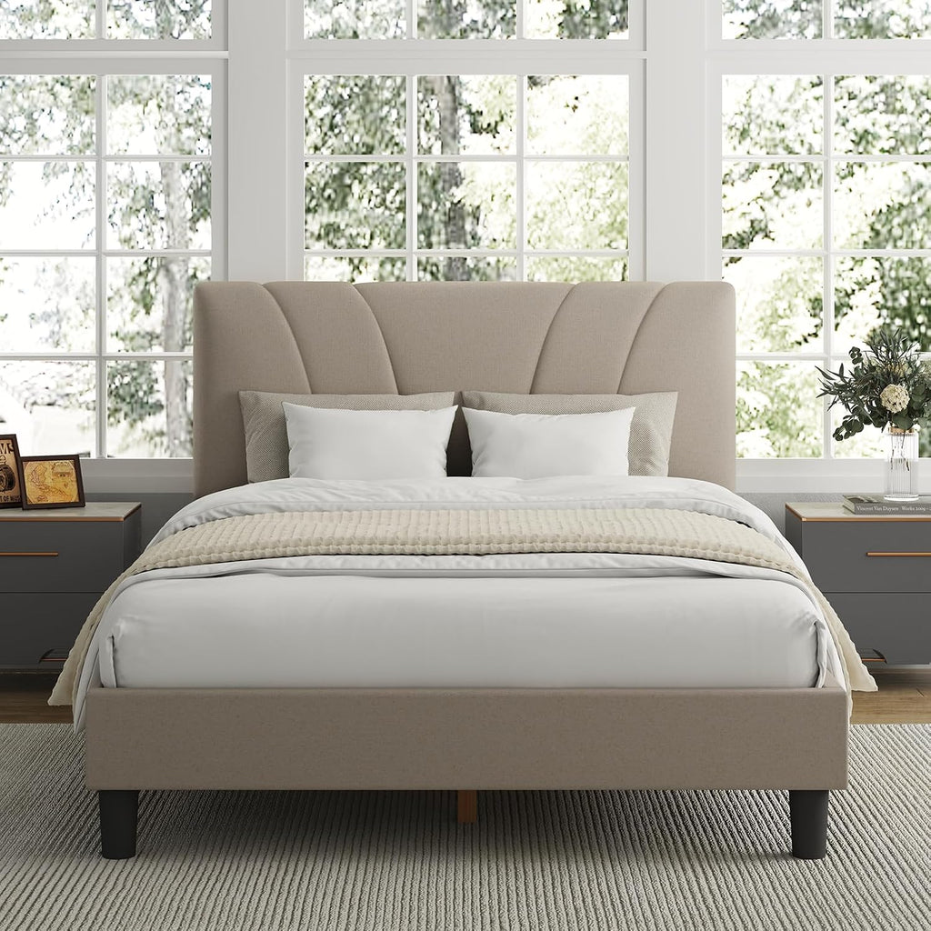Avenco Queen Bed Frame, Upholstered Platform Queen Size Bed Frame with Adjustable Headboard, Easy Assembly, No Box Spring Needed, Beige