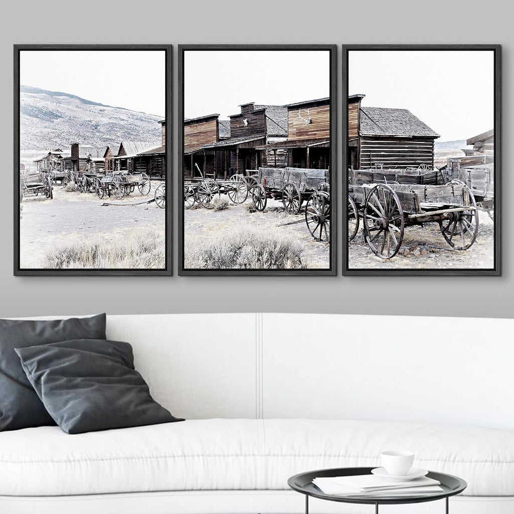 wall26 Framed Canvas Print Wall Art Set Wild West Texas Wooden Wagons Nature Wilderness Photography Realism Rustic Scenic Relax/Calm Multicolor for Living Room, Bedroom, Office - 24'x36'x3 Black