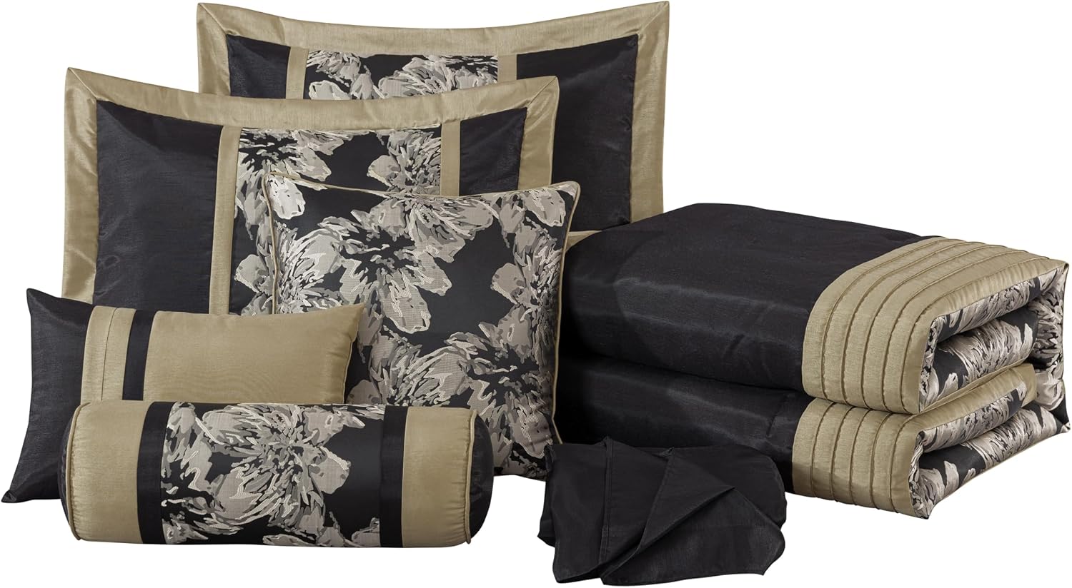 Chezmoi Collection Kelsey Comforter Set King Size, 7-Piece Black Gold Hibiscus Floral Jacquard Bedding Set