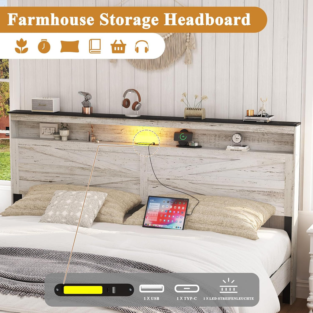 Farmhouse Wooden Bed Frame King Size with Storage Headboard, Boho Platform Bedframe with LED Lights and Charging Station, Metal Slats Support, No Box Spring Needed, White