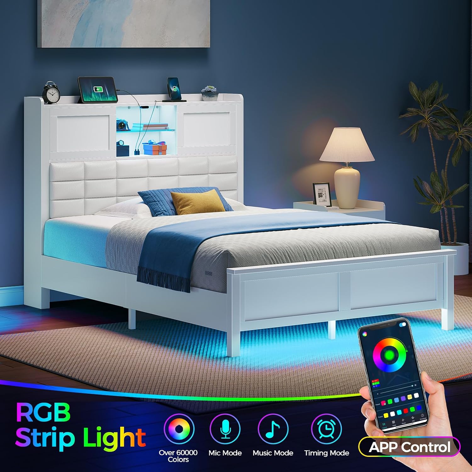 Rolanstar Bed Frame Twin Size with Charging Station, Bookcase Headboard Bed with LED Light and Sliding Doors, Platform Bed with Wooden Slats, No Box Spring Needed, Noise Free, White