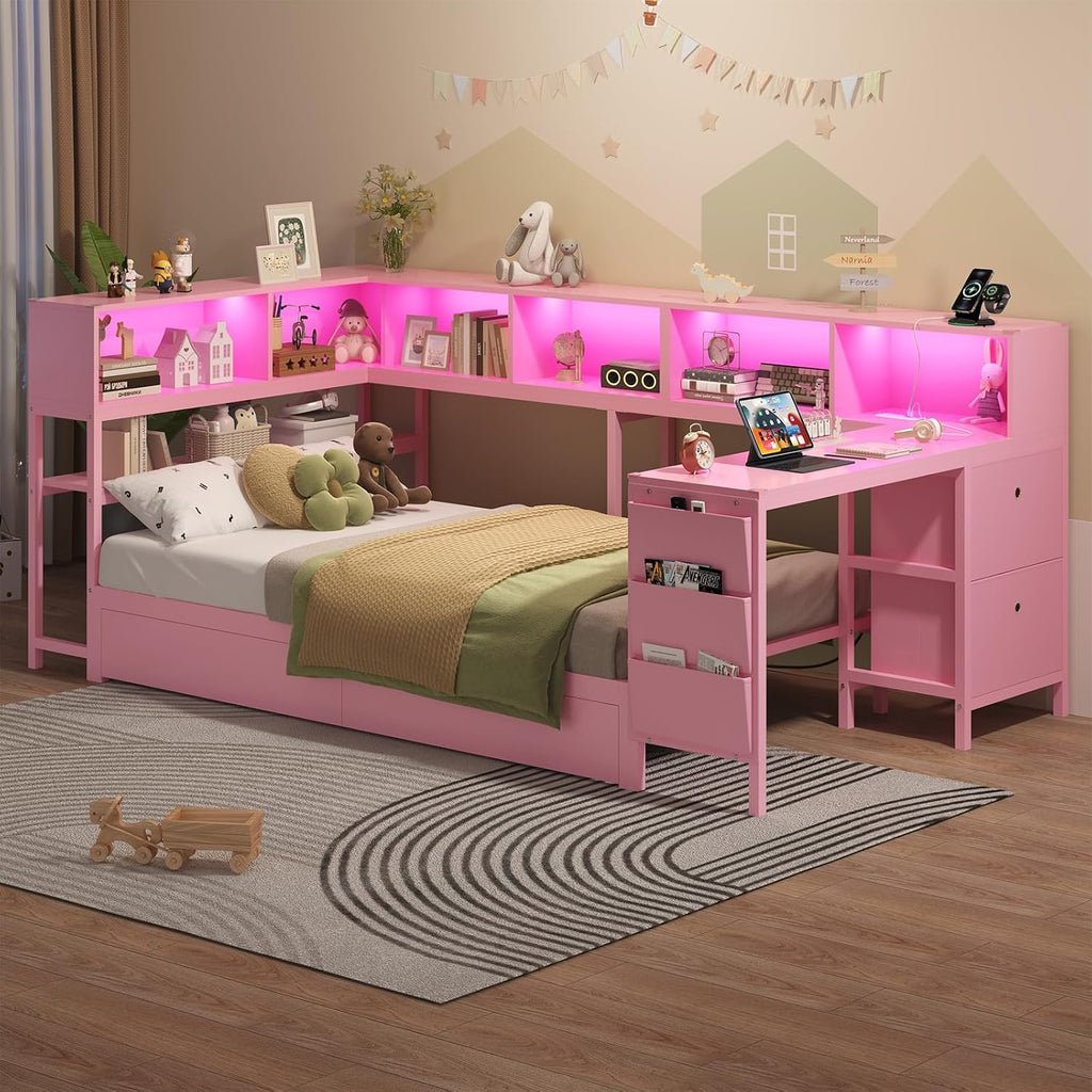 Hasuit Twin Corner Bed with Desk and Storage Bookcase, Daybed with 2 Drawers & 2 Storage Bins, Twin Size Platform Bed Frame with Charging Station and LED Light, Modern Teenagers Bedframe, Pink