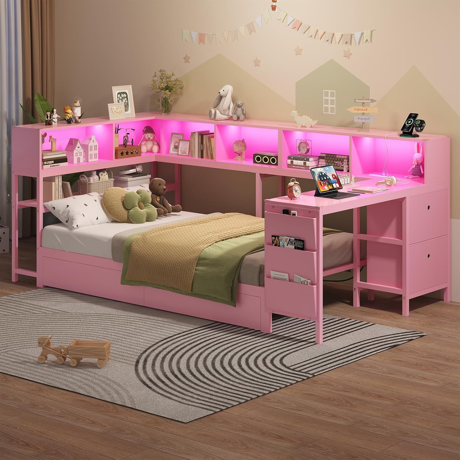 Hasuit Twin Corner Bed with Desk and Storage Bookcase, Daybed with 2 Drawers & 2 Storage Bins, Twin Size Platform Bed Frame with Charging Station and LED Light, Modern Teenagers Bedframe, Pink