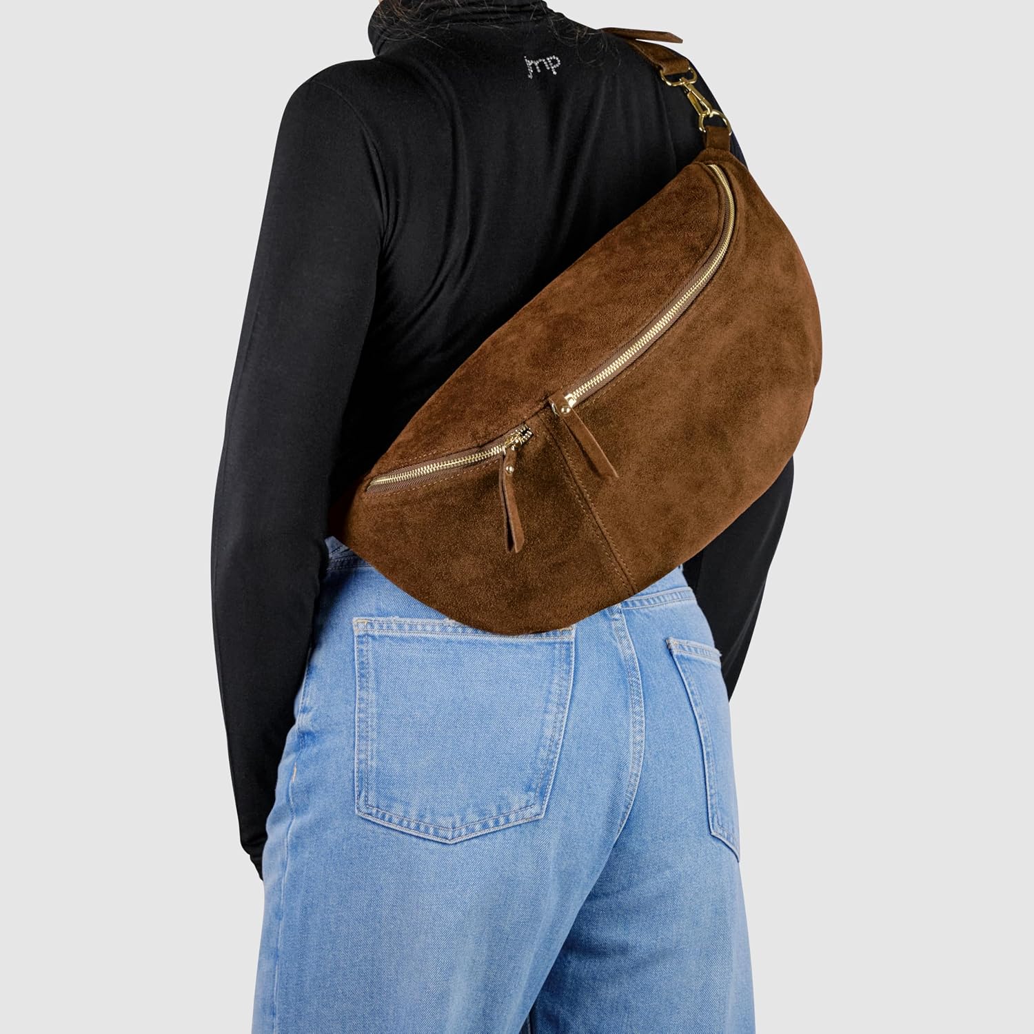 Italian Genuine Suede Crossbody Bag for Women with Zipper & Detachable Strap | Large Travel Chest Sling Fanny Pack (Mocha)