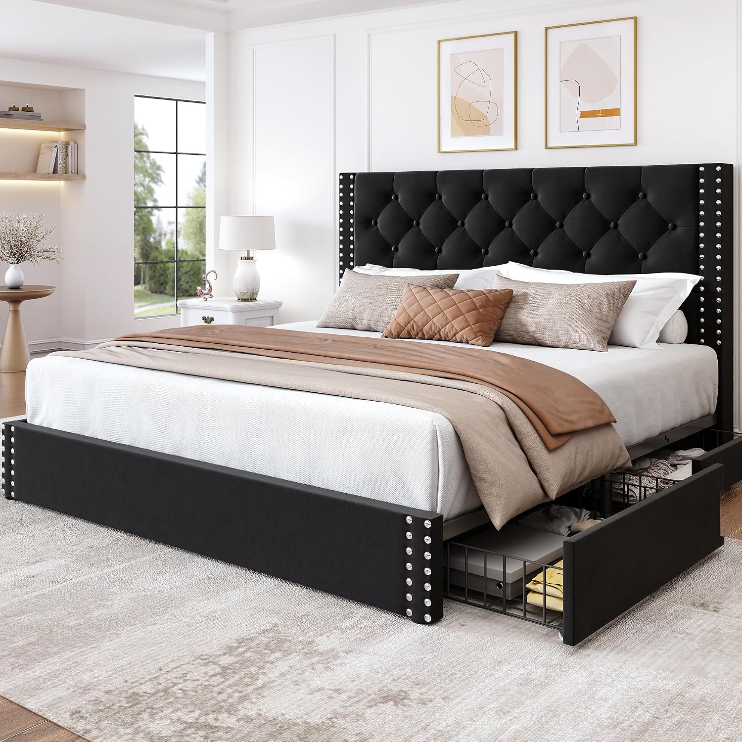 LARMACE Queen Size Platform Bed Frame with 4 Storage Drawers and Tufted Headboard Upholstered Bed Frame with Heavy Duty Wood Slats, No Box Spring Needed, Easy Assembly, Black