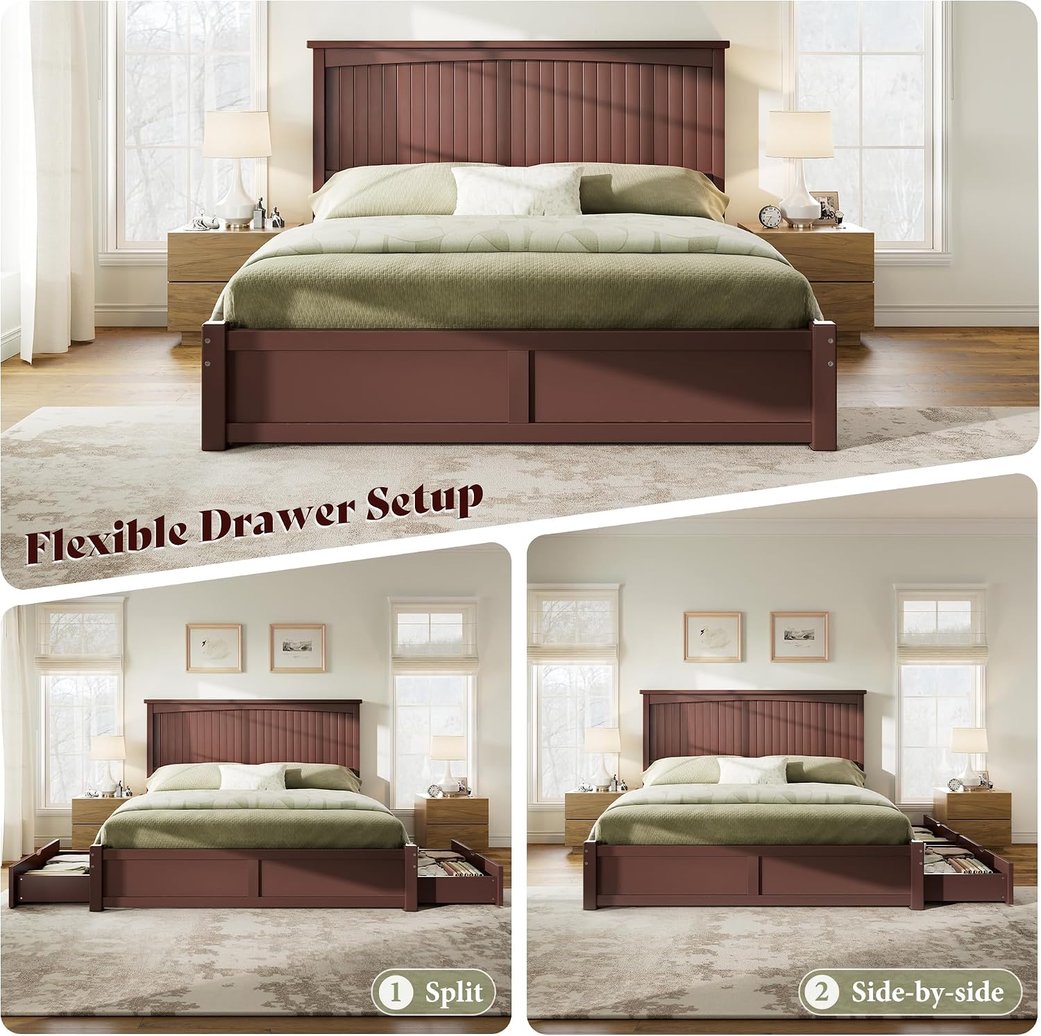 AMERLIFE Solid Wood Full Size Storage Bed Frame with Headboard, Platform Bedframe with 2 Storage Drawers, Beadboard Design & Wooden Slats/No Box Spring Needed/Noise-Free, Espresso Brown Finish