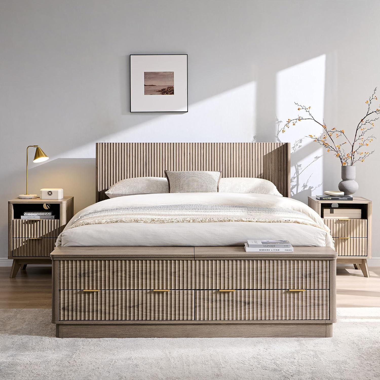 T4TREAM Fluted Queen Size Bed Frame with Wingback Headboard, Footboard Storage Bench with Built-in Drawers & Lift-Up Compartments, Wood & Steel Platform Bed, No Box Spring Needed, Grey Alder